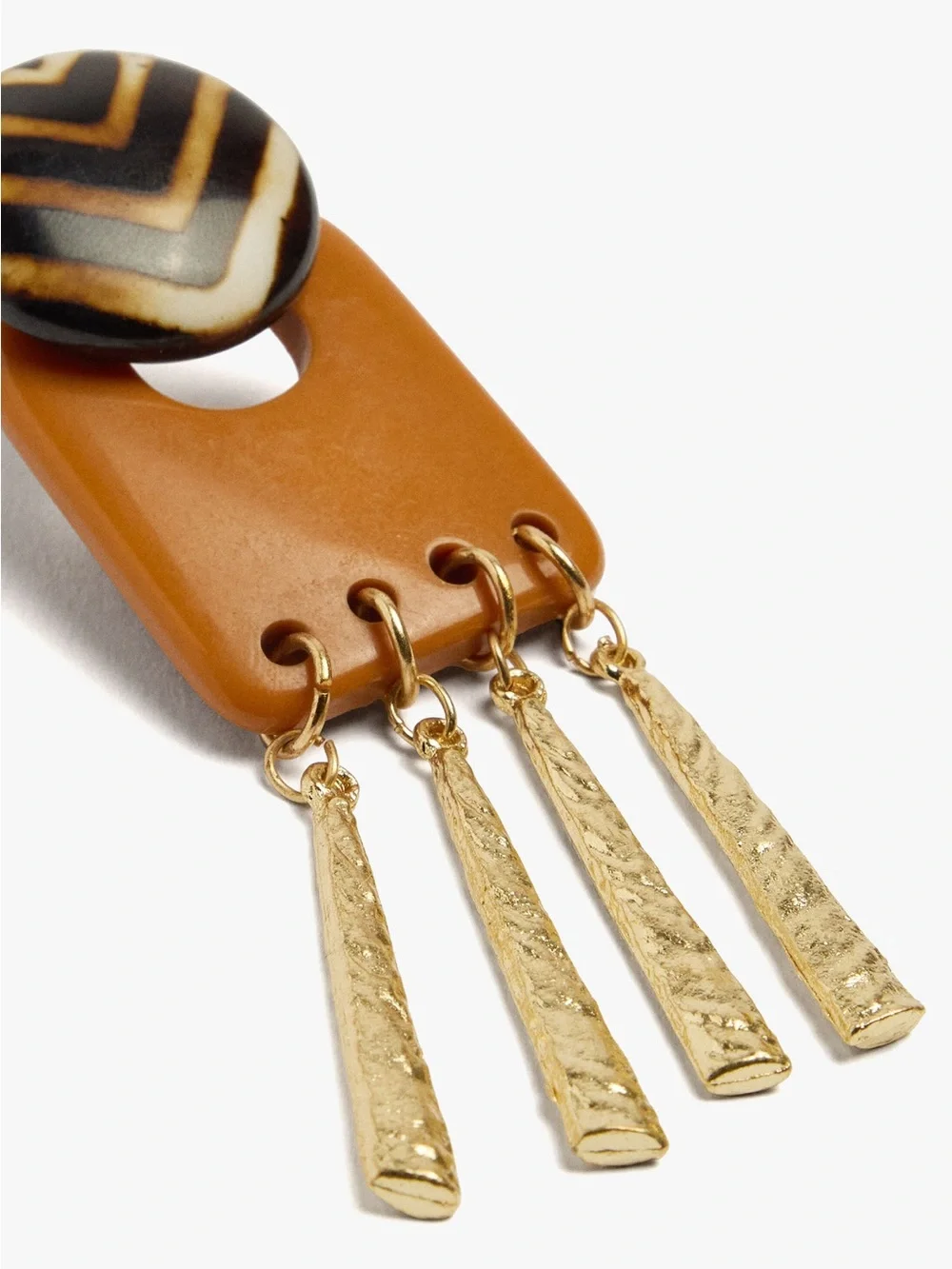 Gold Tassel & Brown Geo Drop Earrings